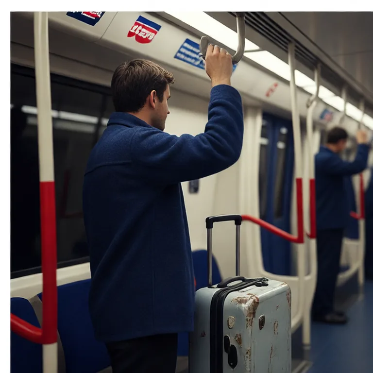 Traveller holding the interior handle next to their suitcase inside the carriage