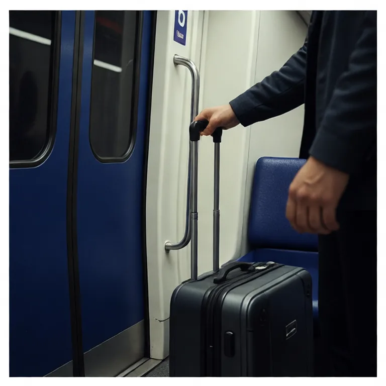 Voyageur tenant la poignée intérieure à côté de sa valise dans la rame