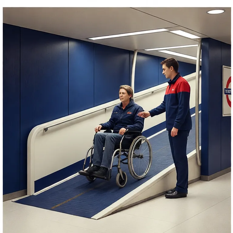 Wheelchair user using a boarding ramp on the platform, assisted by staff