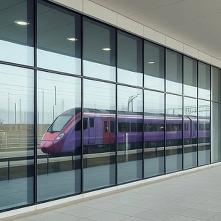 Elizabeth line train reflected in the glass wall of Heathrow station