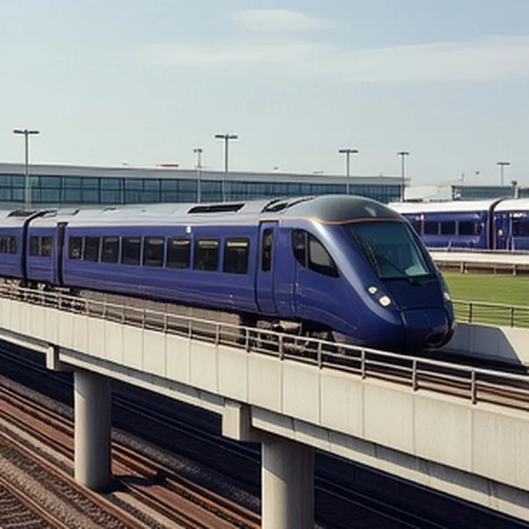 Blue train crossing a brick viaduct towards the city