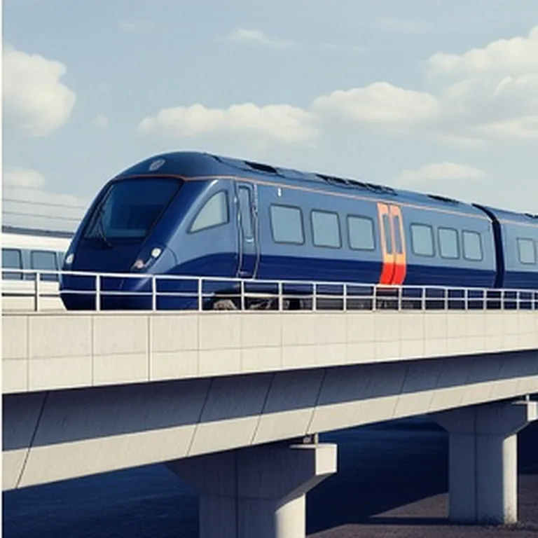 Tren azul cruzando un viaducto de ladrillo hacia la ciudad