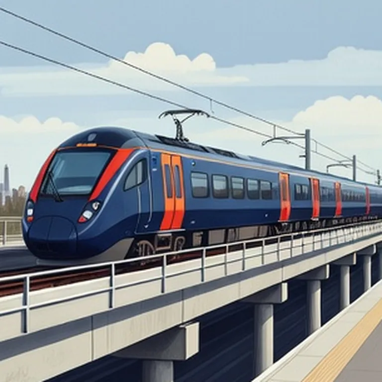 Train bleu traversant un viaduc de briques vers la ville