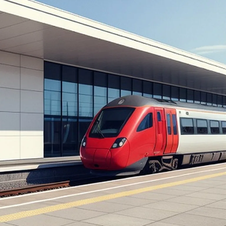 Tren moderno rojo y blanco en la plataforma de la estación del aeropuerto
