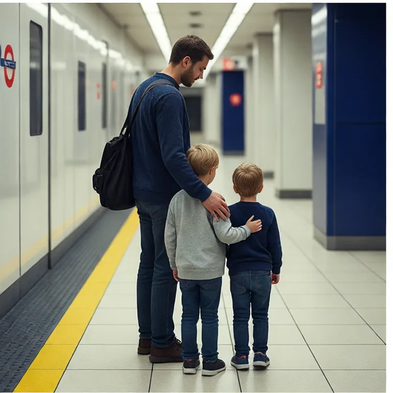 Familia con dos niños esperando en el andén de una estación del metro de Londres