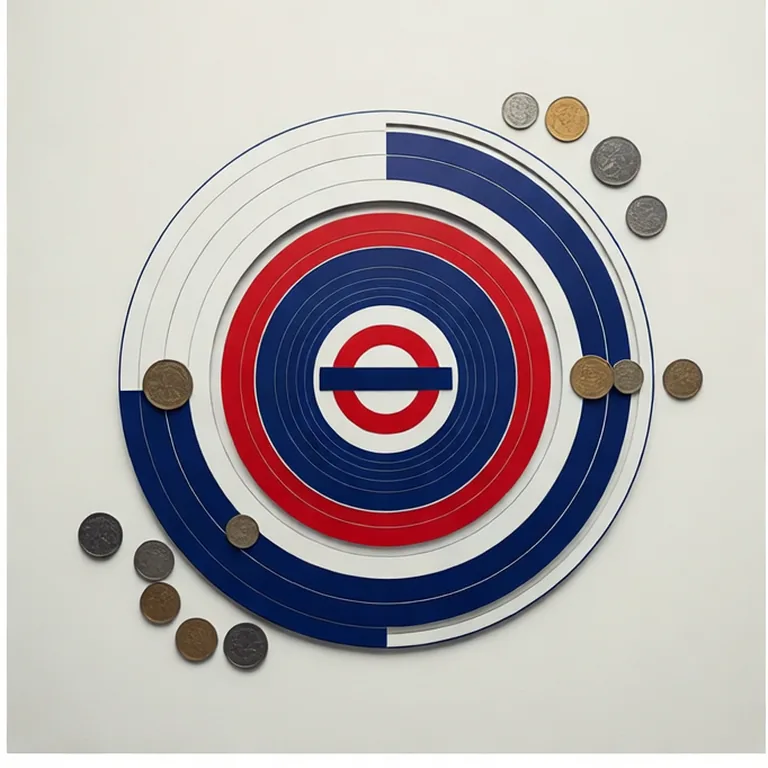 Roundel del metro de Londres con monedas apiladas, ilustrando las tarifas por zonas