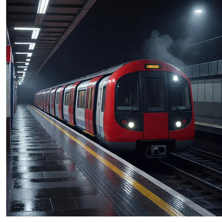 Red Underground train pulling into a lit station at night