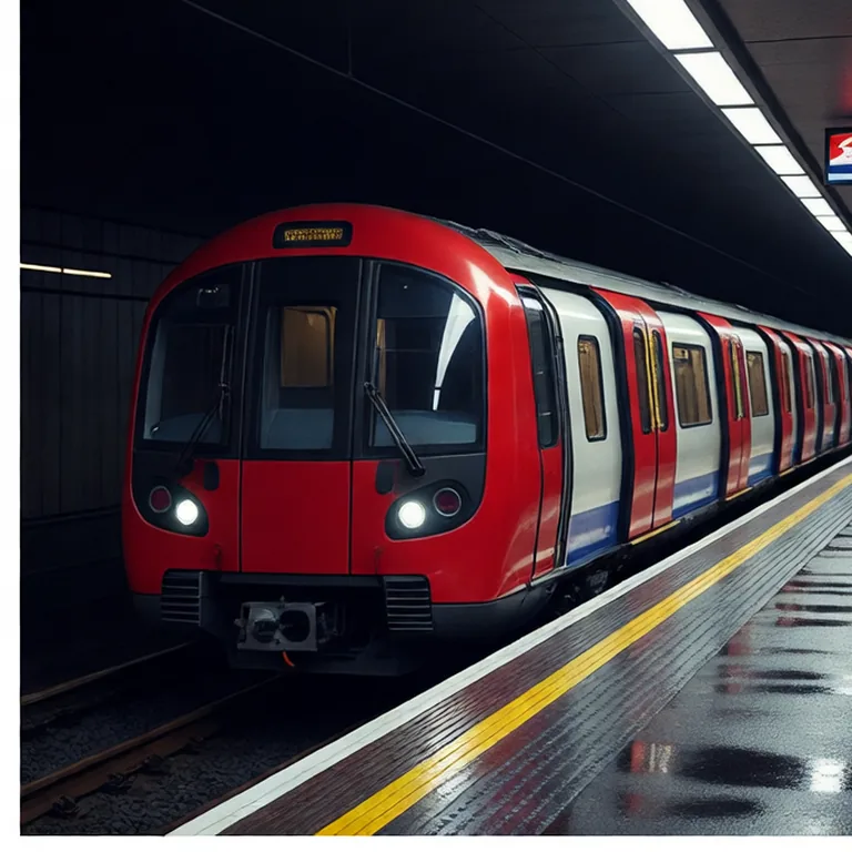 Tren rojo del metro entrando en una estación iluminada de noche