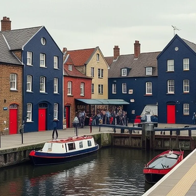 Canal boats and residential buildings beside a railway bridge