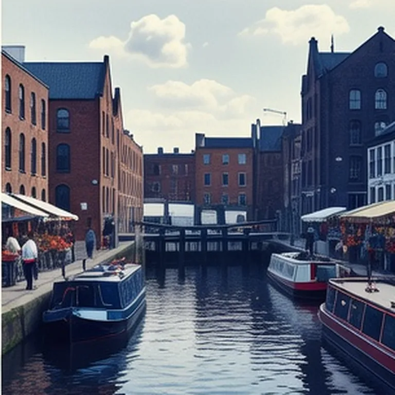Canales con barcos y edificios residenciales junto a un puente ferroviario