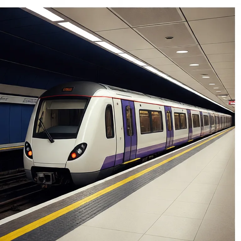 White and purple Elizabeth line train arriving at a night platform