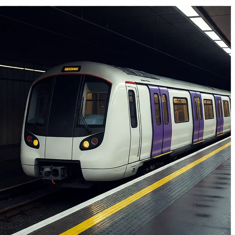 Tren blanco y morado de la línea Elizabeth entrando en un andén nocturno