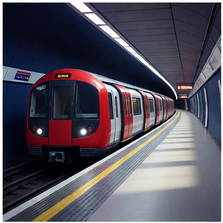 Red London Underground train running through a curved LED-lit tunnel