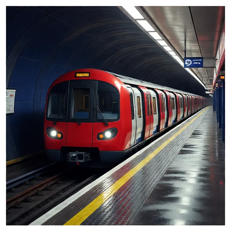 Rame rouge du métro de Londres circulant dans un tunnel courbe éclairé par LED