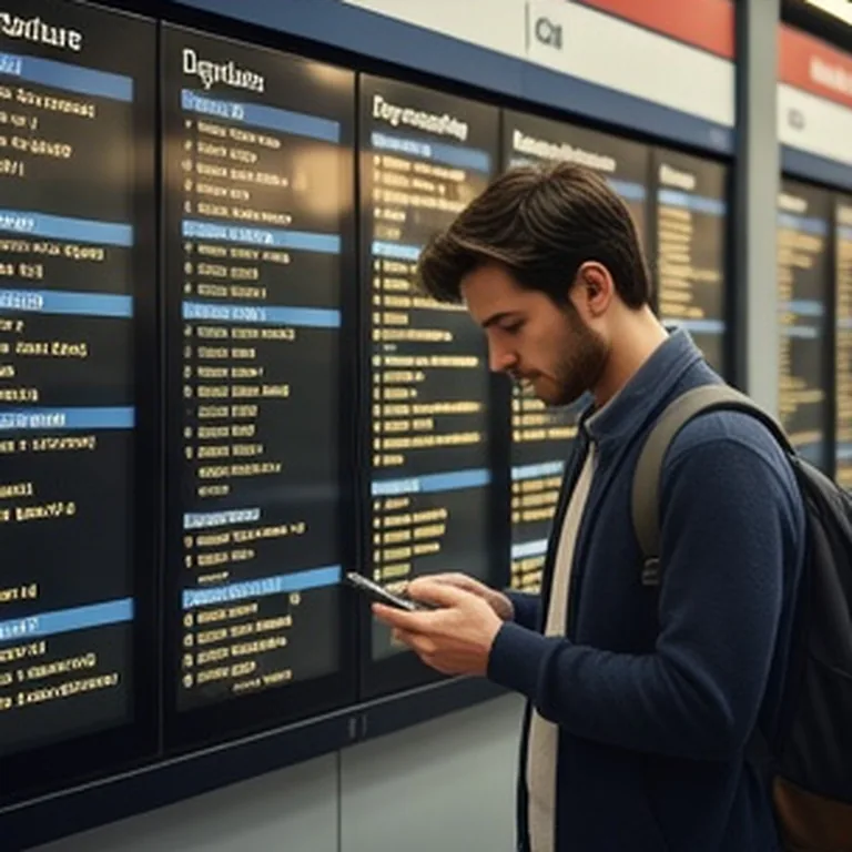 Station departures board checked by a traveller holding a phone