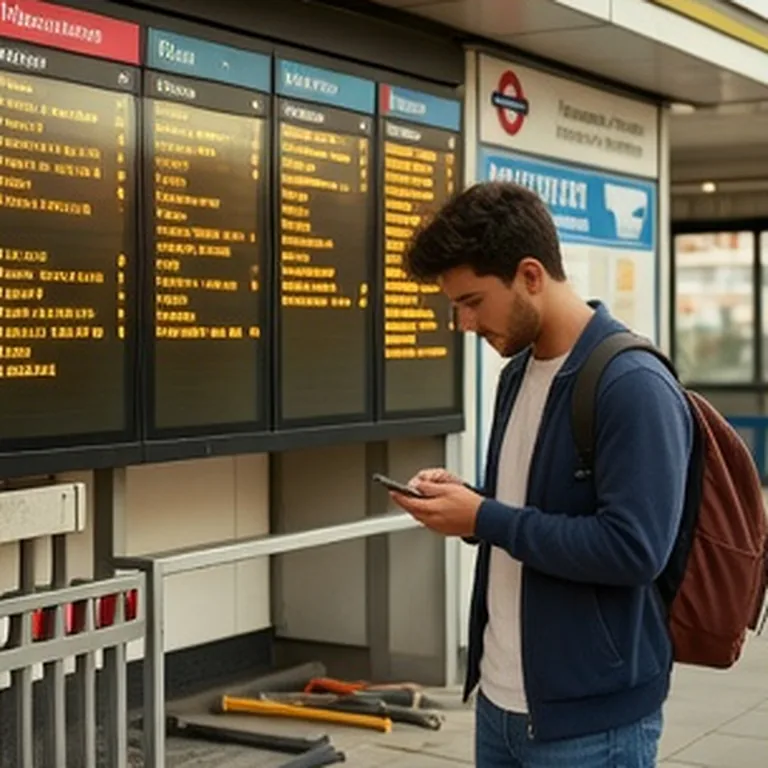 Panel de salidas de la estación consultado por un viajero con el móvil en la mano