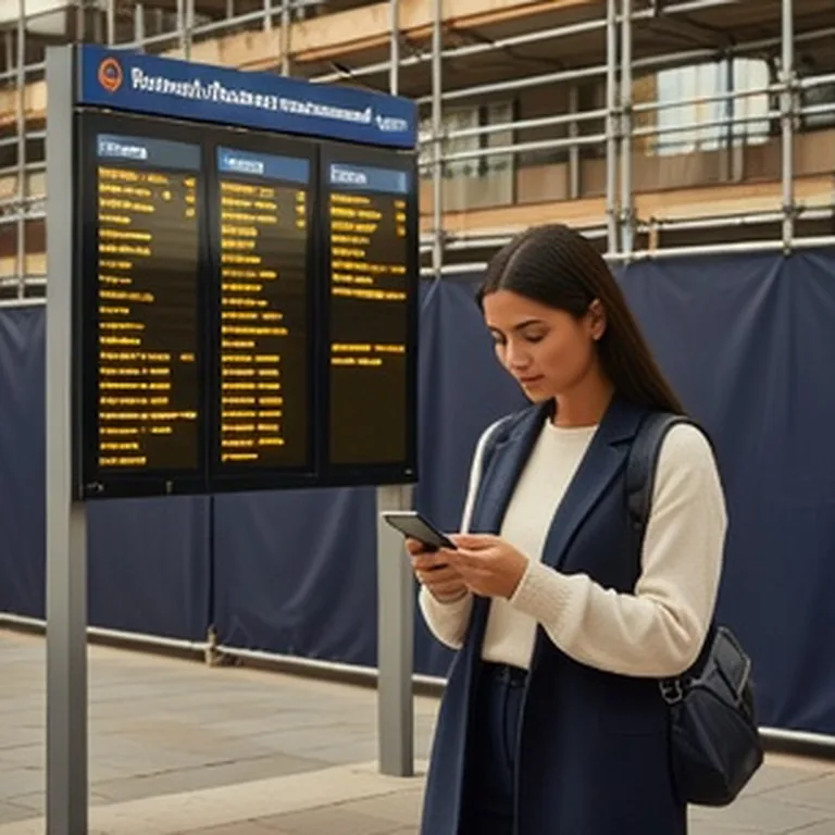 Panneau des départs consulté par un voyageur avec son téléphone