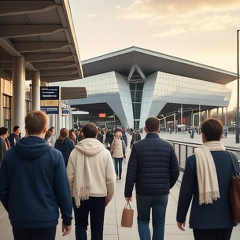 Exterior of a modern station with travellers crossing the plaza