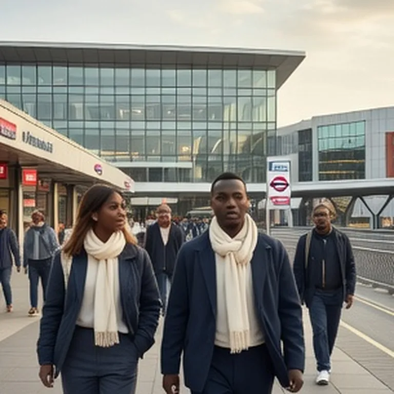 Extérieur d’une gare moderne avec des voyageurs traversant la place