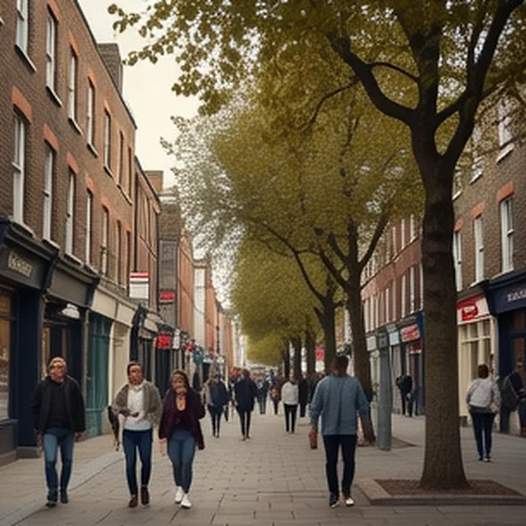 Leafy street with terraced houses and locals walking near the Tube