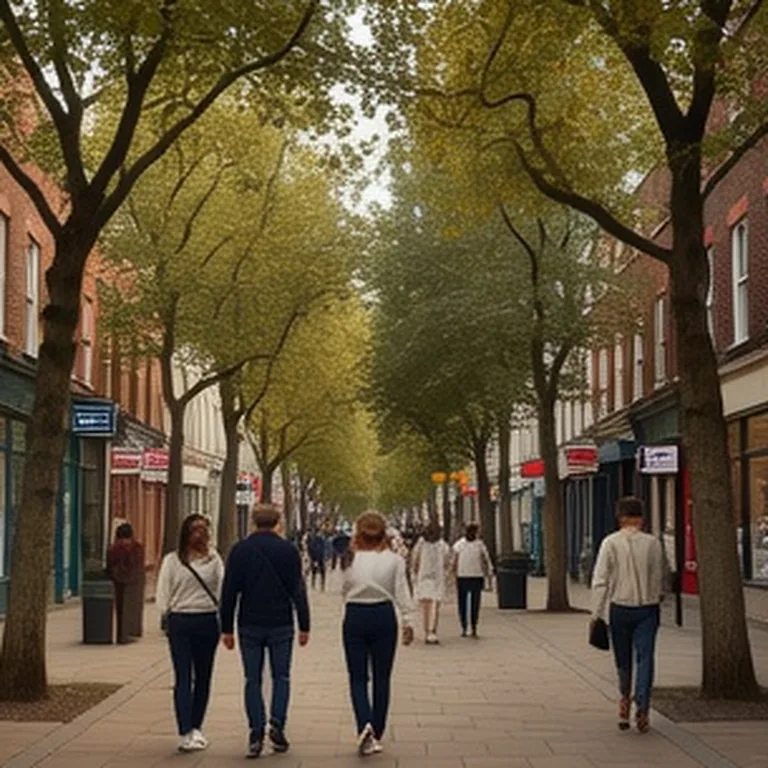 Rue arborée avec maisons en rangée et riverains près du métro